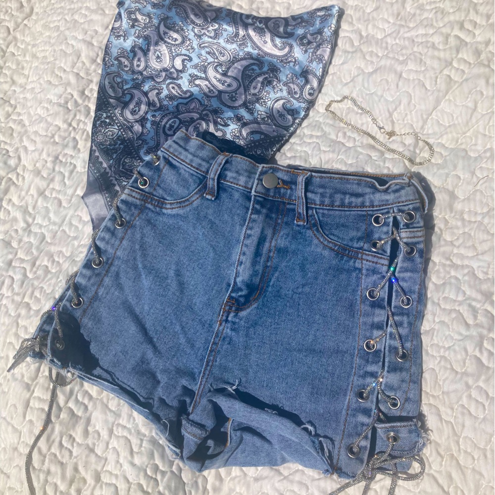 Medium Wash Rhinestone Shorts
